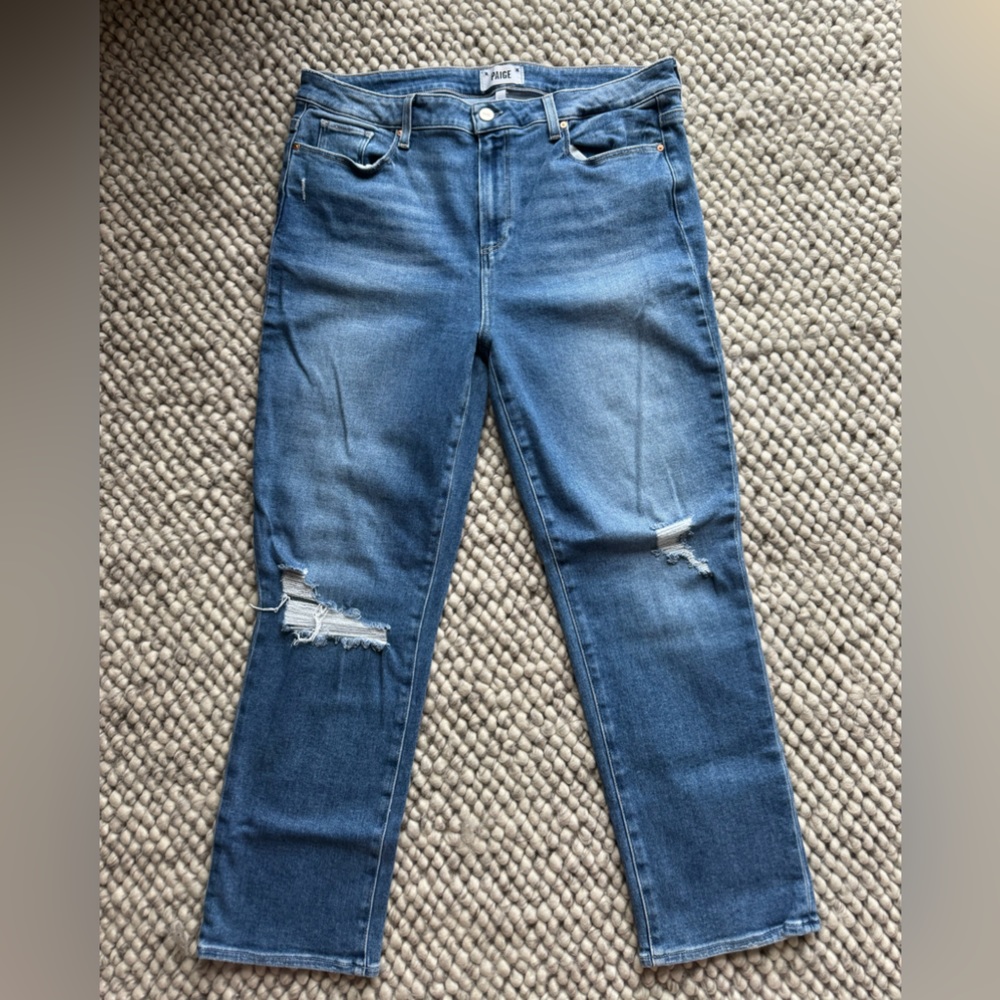 Paige “Cindy” straight leg high rise distressed jeans